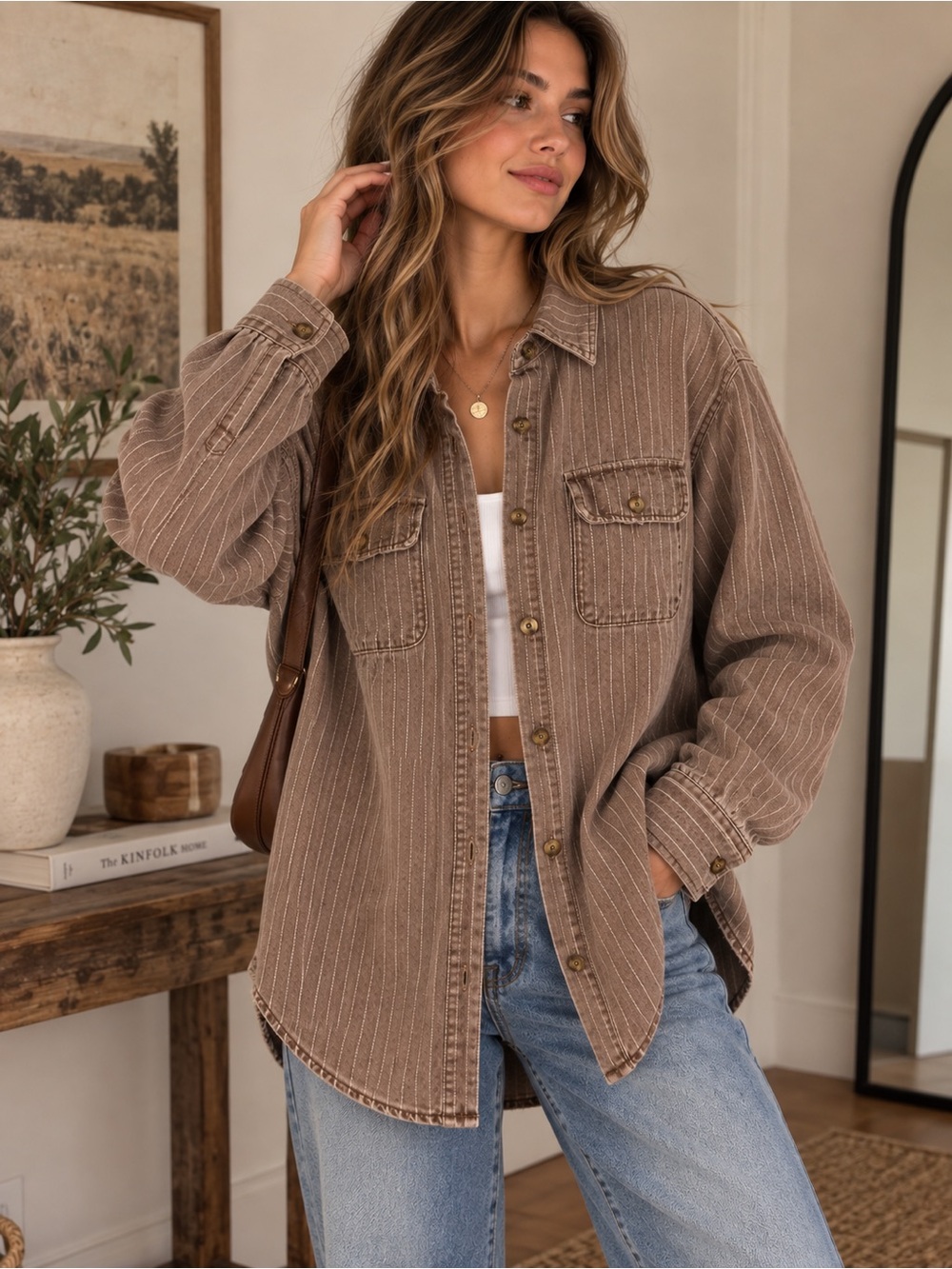Sunday Edition Brown Pinstripe Oversized Barn Shacket Jacket NWT Size Large